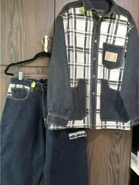 Khan Vintage Men's Black Plaid-Front Denim Jeans and Jacket, Large